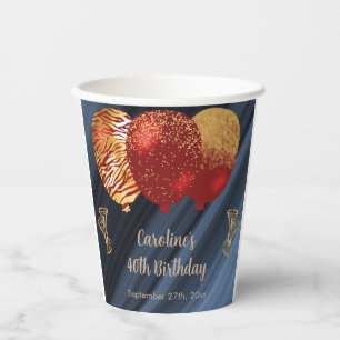 Stylish Glitter & Gold Red Balloons 40th Birthday Paper Cups