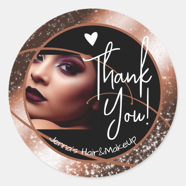 Stylish Glittery Copper Frame Heart Unique Photo Classic Round Sticker (Front)