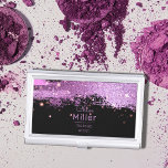 Stylish Glittery Magenta And Black Makeup Artist  Business Card Holder<br><div class="desc">Introducing a sleek and contemporary business card holder designed exclusively for makeup artists. This personalised case showcases a mesmerising blend of shimmering metallic magenta brush strokes and dazzling sparkles set against a sophisticated black backdrop. The text can be fully tailored to your preferences, allowing you to make a statement that...</div>