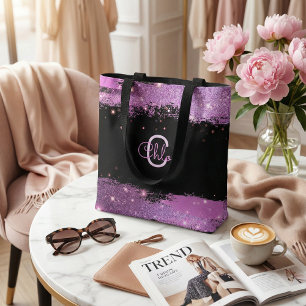 Stylish Glittery Magenta And Black Name & Inital  Tote Bag