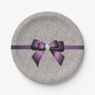 Stylish Glitzy Sequins, Purple Bow & Ribbon Paper Plate