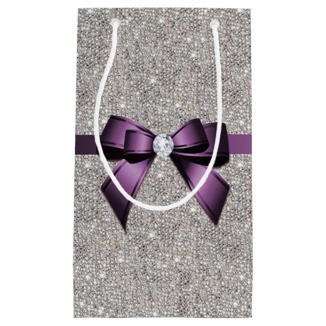 Stylish Glitzy Sequins, Purple Bow & Ribbon Small Gift Bag (Front)