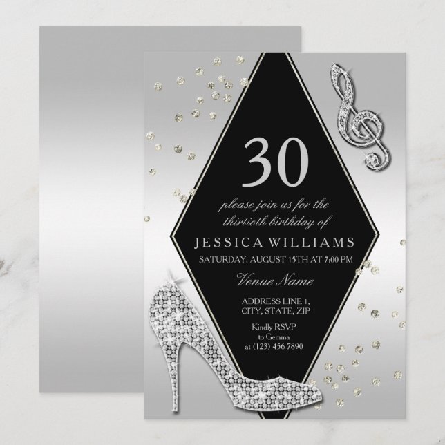 Stylish Glitzy Silver 30th Birthday Invitation (Front/Back)