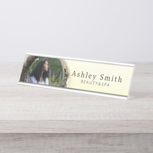 Stylish Gold Abstract Circle Frame Photo Desk Name Plate (Front)