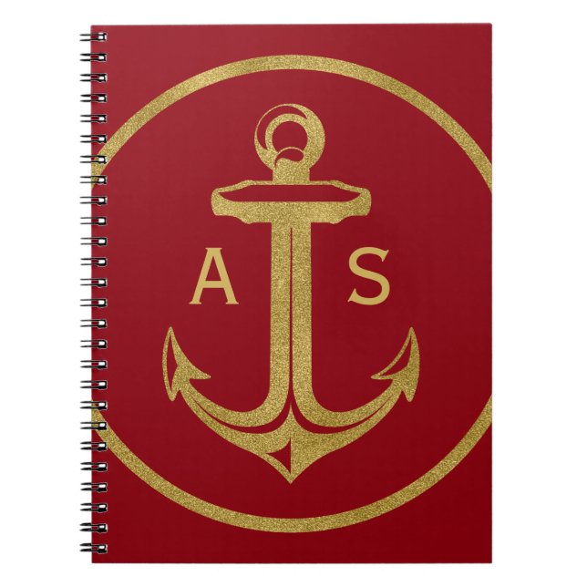 Stylish gold anchor with initials | Nautical Gifts Notebook (Front)