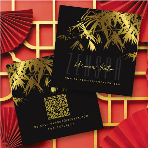 Stylish Gold And Black Oriental Bamboo Leaves Zen Square Business Card