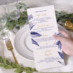 Stylish Gold and Blue Bohemian Floral Wedding Menu