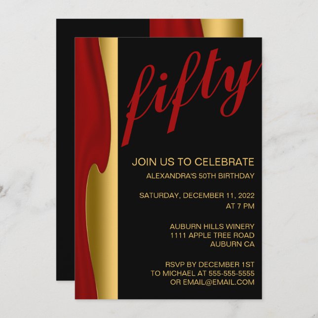 Stylish Gold and Red 50th Invitation (Front/Back)