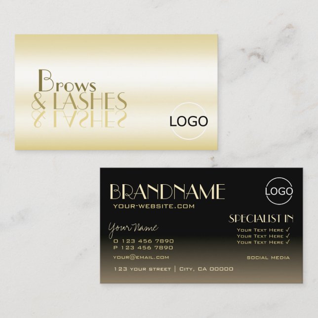 Stylish Gold Black Chic Mirror Letters with Logo Business Card (Front/Back)