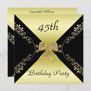Stylish Gold & Black Decorative Bow 45th Birthday Invitation