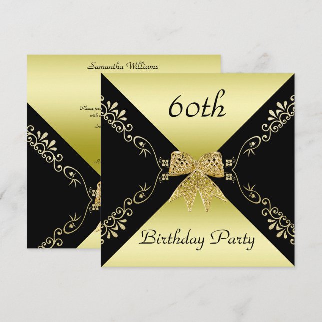 Stylish Gold & Black Decorative Bow 60th Birthday Invitation (Front/Back)