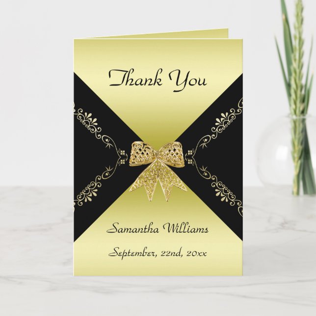 Stylish Gold & Black Decorative Bow Thank You Card (Front)