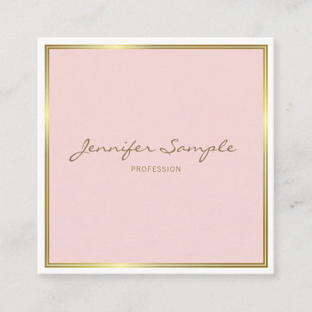 Stylish Gold Blush Pink Hand Script Font Text Luxe Square Business Card (Front)