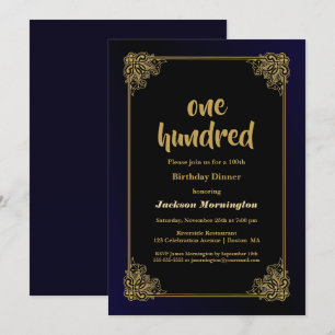Stylish Gold Border Black 100th Birthday Dinner Invitation