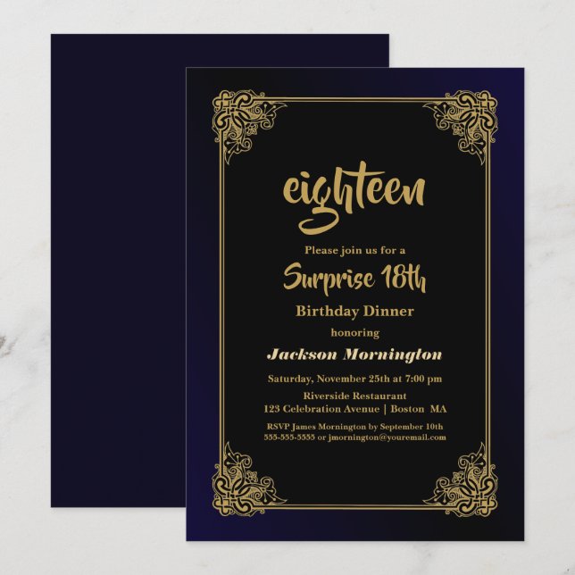 Stylish Gold Border Surprise 18th Birthday Dinner Invitation (Front/Back)