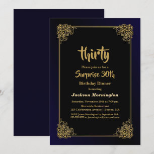 Stylish Gold Border Surprise 30th Birthday Dinner Invitation