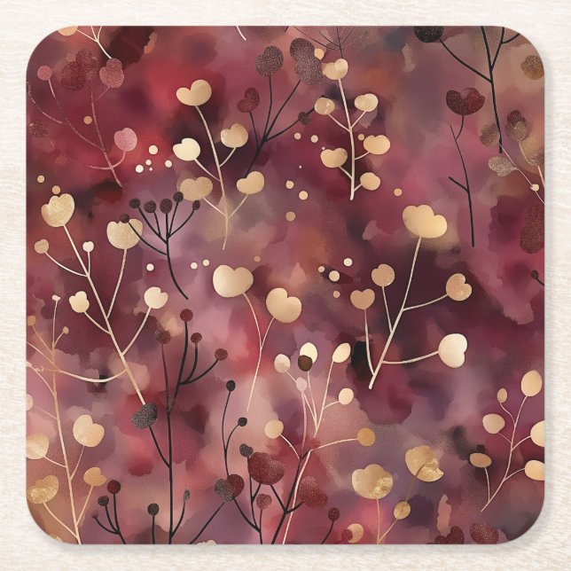 Stylish gold burgundy abstract floral pattern square paper coaster (Front)