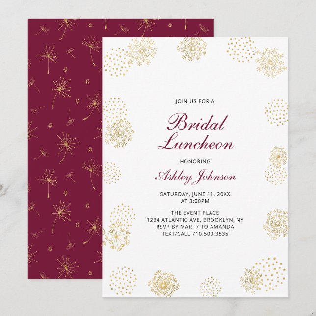 Stylish Gold & Burgundy Bridal Luncheon Invitation (Front/Back)