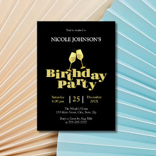Stylish Gold Champagne Black Birthday Party Invitation