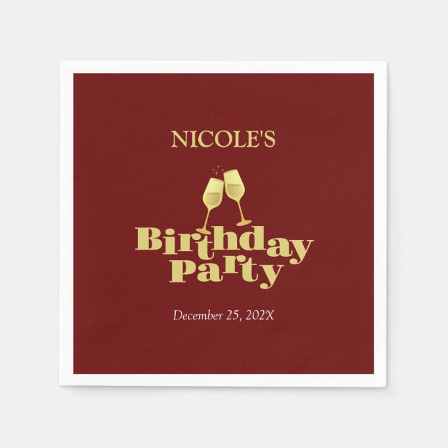 Stylish Gold Champagne Burgundy Birthday Party Napkin (Front)