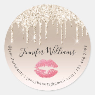 stylish gold champagne dripping glitters  red lips classic round sticker