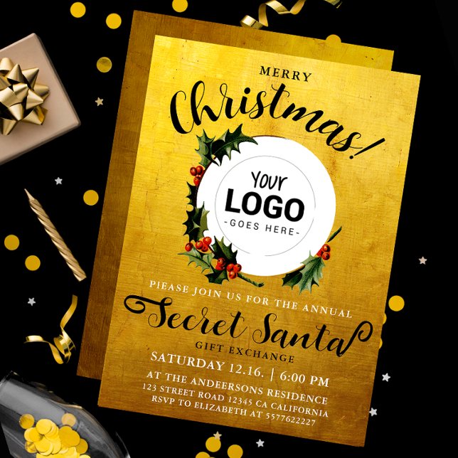 Stylish Gold Christmas Secret Santa Company Logo Invitation (Creator Uploaded)