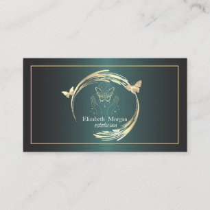 Stylish Gold Circles Frame Butterflies Dark Green  Business Card