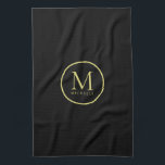 Stylish Gold Colour Monogram Name Template Black Tea Towel<br><div class="desc">Custom Upload Add Your Photo or Logo Text Elegant Modern Kitchen & Dining / Table & Kitchen Linens/ Initial Name Personalised Template Black Gold Monogram Kitchen Towel.</div>
