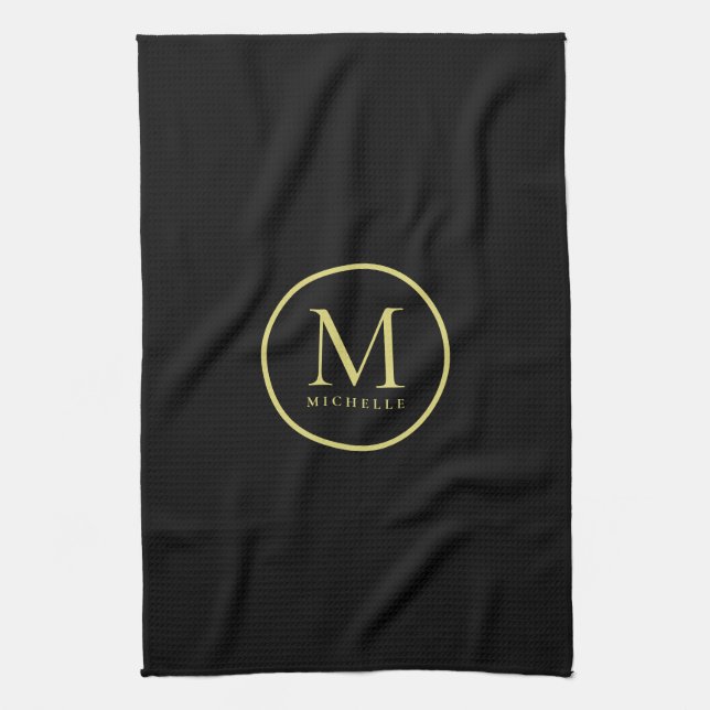 Stylish Gold Colour Monogram Name Template Black Tea Towel (Vertical)