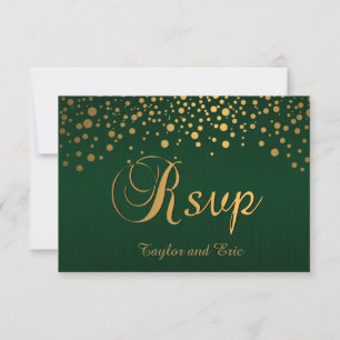 Stylish Gold Confetti Dots   Dark Green RSVP Card