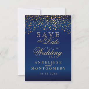 Stylish Gold Confetti Dots Navy Blue Satin Save The Date