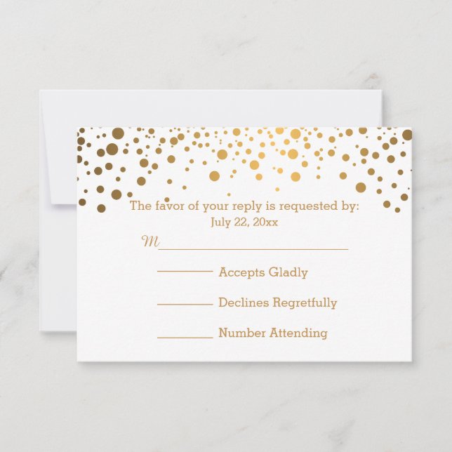 Stylish Gold Confetti Dots | White RSVP Card (Front)