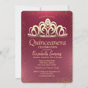 Stylish Gold Confetti Tiara Burgundy Quinceañera Invitation