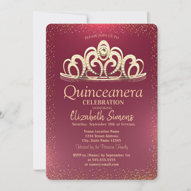 Stylish Gold Confetti Tiara Burgundy Quinceañera   Invitation (Front)