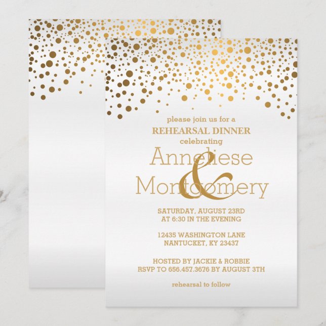Stylish Gold Confetti & White Rehearsal Dinner Invitation (Front/Back)