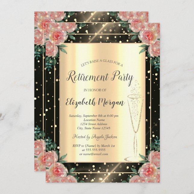 Stylish Gold Confetti Wine Glass Floral Retirement Invitation (Front/Back)