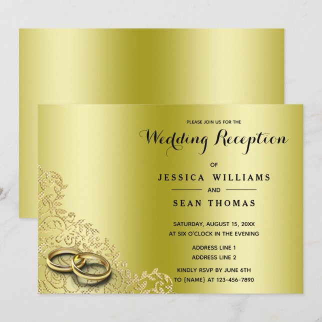 Stylish Gold Decorative & Rings Wedding  Reception Invitation (Front/Back)