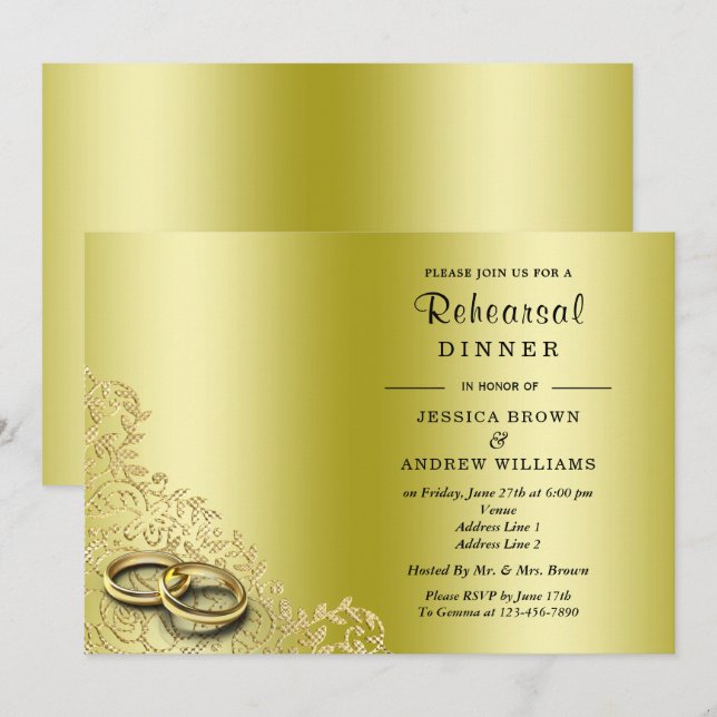 Stylish Gold Decorative & Rings Wedding Rehearsal Invitation (Front/Back)