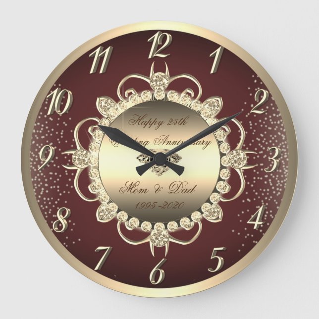 Stylish Gold Diamonds 25th Wedding Anniversary Large Clock (Front)