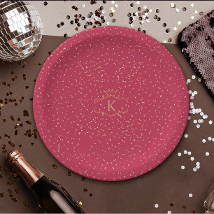 Stylish Gold Dots On Magenta Red Royal Monogram Paper Plate