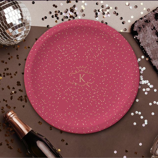 Stylish Gold Dots On Magenta Red Royal Monogram Paper Plate (Creator Uploaded)