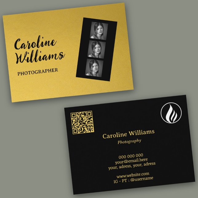 Stylish gold film strip Photography Logo QR code Business Card (Stylish gold film strip Photography Logo QR code Business Card)