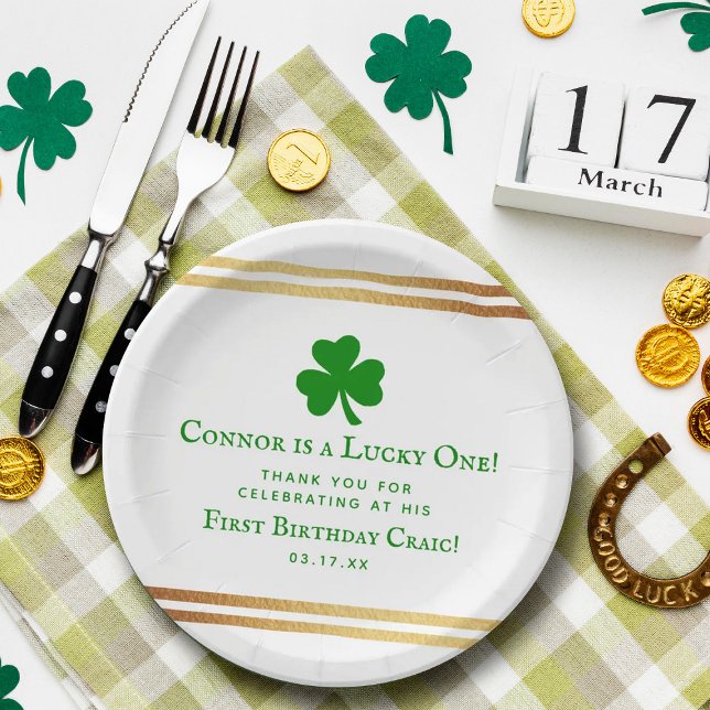 Stylish Gold Foil St. Patrick's Day 1st Birthday Paper Plate (Creator Uploaded)