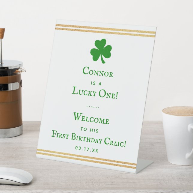 Stylish Gold Foil St. Patrick's Day 1st Birthday Pedestal Sign (In SItu)