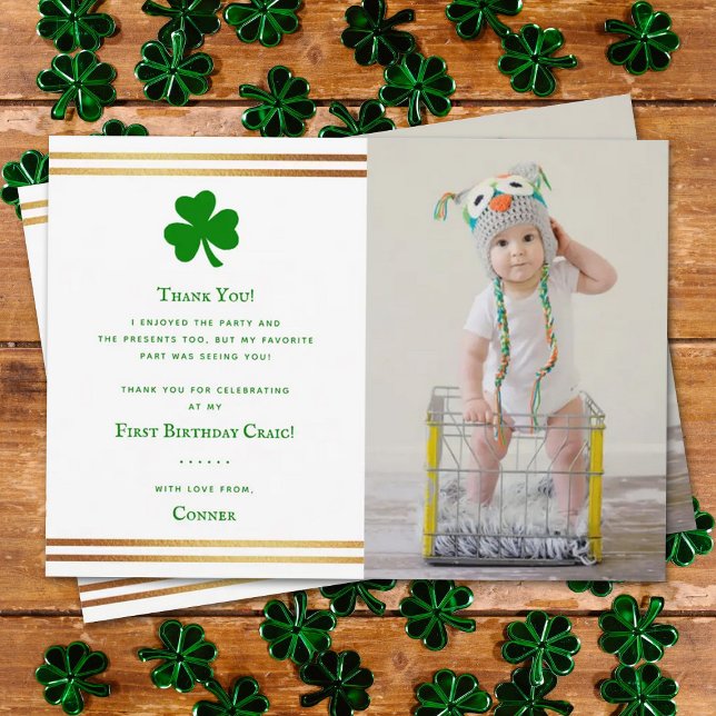 Stylish Gold Foil St. Patrick's Day 1st Birthday Thank You Card (Creator Uploaded)