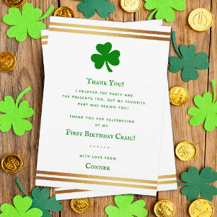 Stylish Gold Foil St. Patrick's Day 1st Birthday Thank You Card