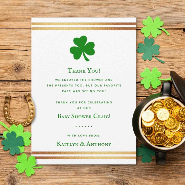 Stylish Gold Foil St. Patrick's Day Baby Shower Thank You Card (Creator Uploaded)
