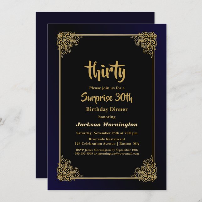 Stylish Gold Frame Surprise 30th Birthday Dinner Invitation (Front/Back)