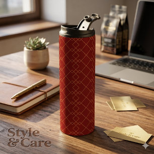 Stylish Gold Geometric Box Design Deep Red Thermal Tumbler
