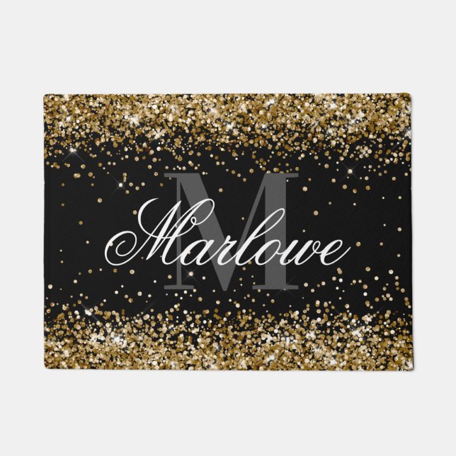 Stylish Gold Glitter Black and White Monogram Doormat (Front)